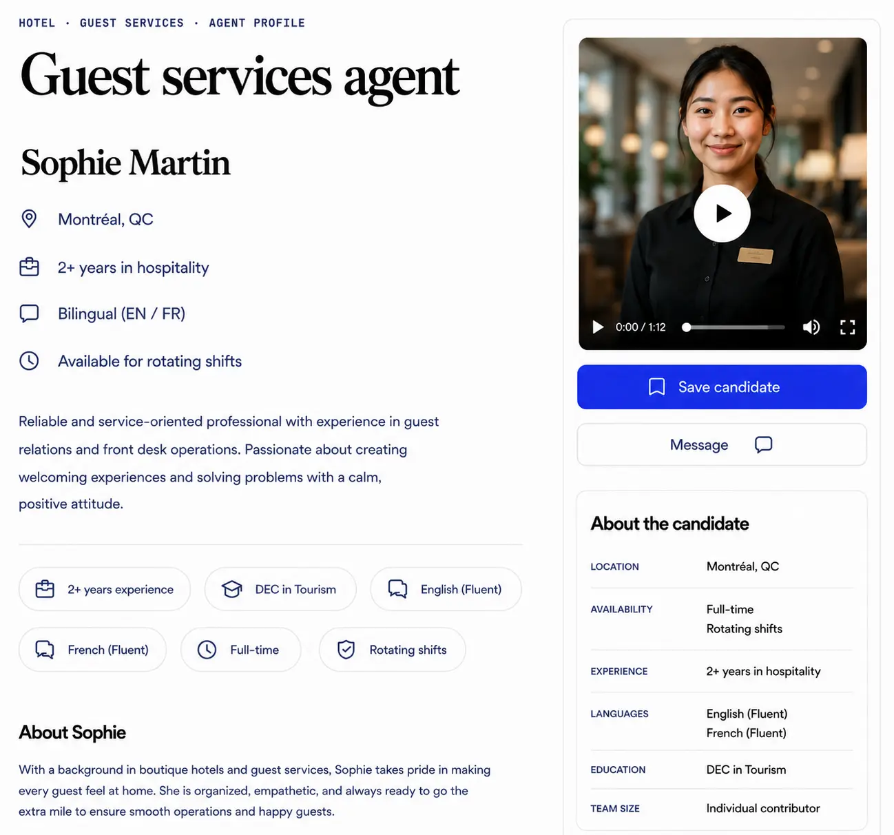 Public Jobumi candidate profile with an introduction video, experience, education, and skills