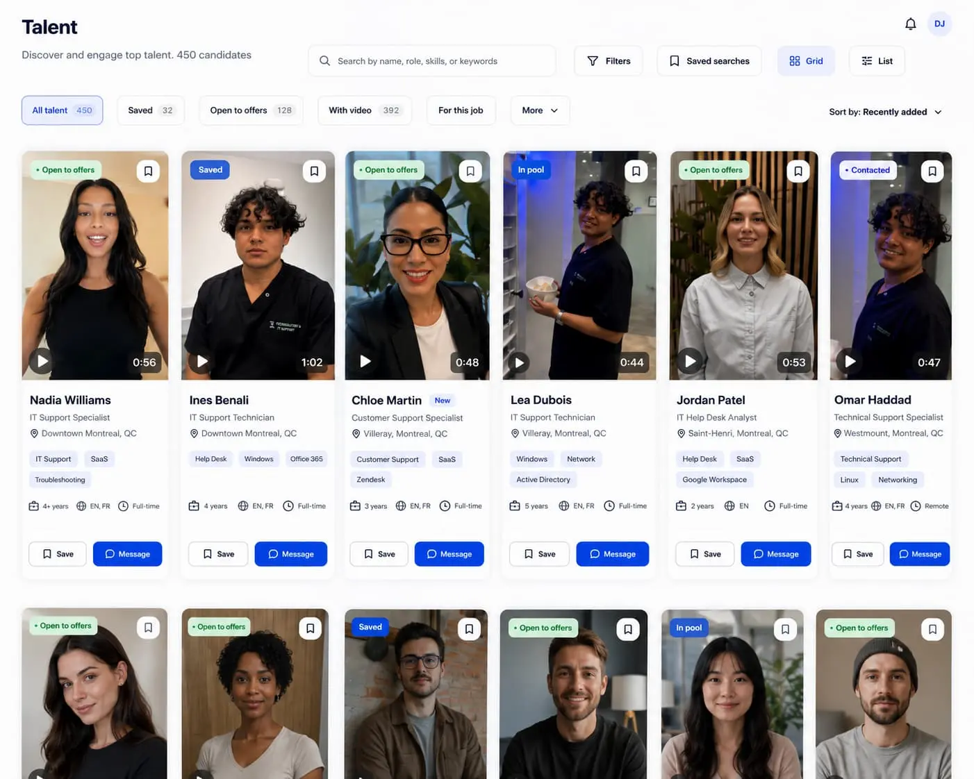 Jobumi candidate discovery showing search, filters, and three candidate profiles